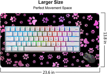 Large Mouse Pad Gaming Mouse Pad No Slip Rubber Extended Mousepad 23.6 X13.8 Inch Waterproof Mouse Mat Cute Purple and Black Dog Paw Print