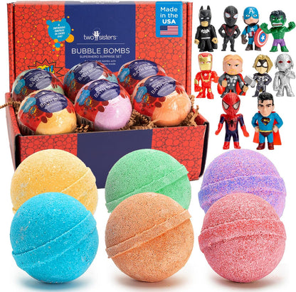 Superhero Bath Bombs for Kids with Surprise Toys inside (6 Pack) - Large Bubble Bomb Fizzies for Boys, Girls, & Toddlers - Fruity Scents, Relaxing Aromas, Made in USA, Birthday Gift by