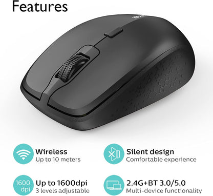 Ergonomic Bluetooth Mouse and Mouse Pad for Laptop, Silent Mouse with 3-Levels DPI, USB Nano Receiver for Android PC Notebook Computer Mac-Black