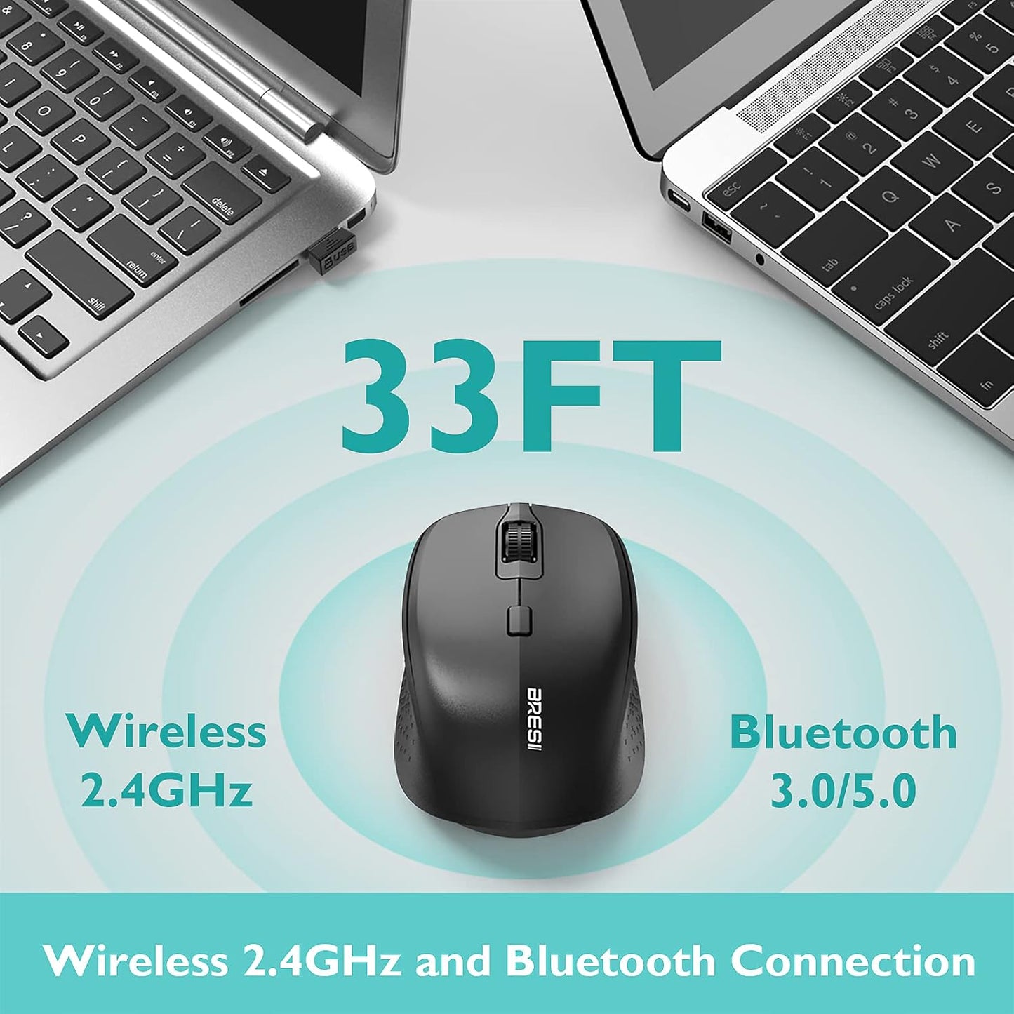 Ergonomic Bluetooth Mouse and Mouse Pad for Laptop, Silent Mouse with 3-Levels DPI, USB Nano Receiver for Android PC Notebook Computer Mac-Black