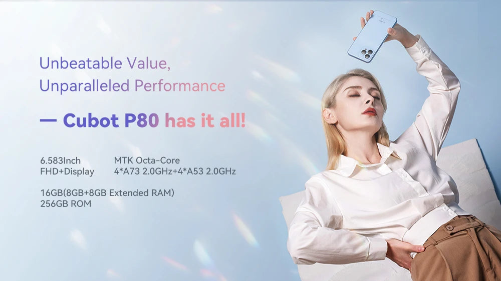 Cubot 2023 New Global Version Smartphone P80, Android 13 Phone, 8GB RAM, 256GB/512GB ROM, NFC, 6.583" Large Screen, 48MP Camera