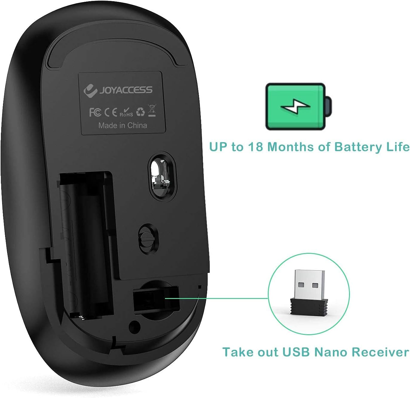Wireless Mouse, 2.4G Portable Slim Silent Computer Mouse Wireless with USB Nano Receiver, 2400 DPI, for Notebook, Laptop, PC - Black