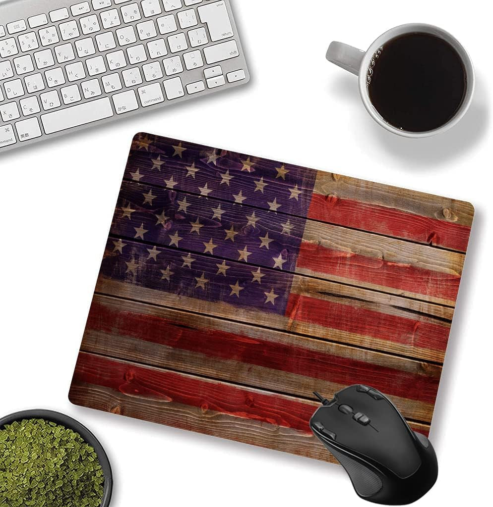 Personalized Rectangular Gaming Mouse Pad, American Flag on Wood Mouse Pad, Natural Non-Slip Rubber Laptop Mouse Pad