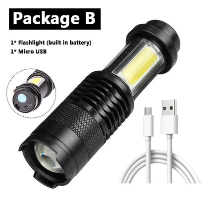 4000LM MINI Flashlight  Built in Battery USB Charging LED Flashlight COB Zoomable Waterproof Tactical Torch Lamp Bulbs Lantern