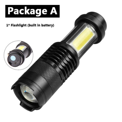 4000LM MINI Flashlight  Built in Battery USB Charging LED Flashlight COB Zoomable Waterproof Tactical Torch Lamp Bulbs Lantern
