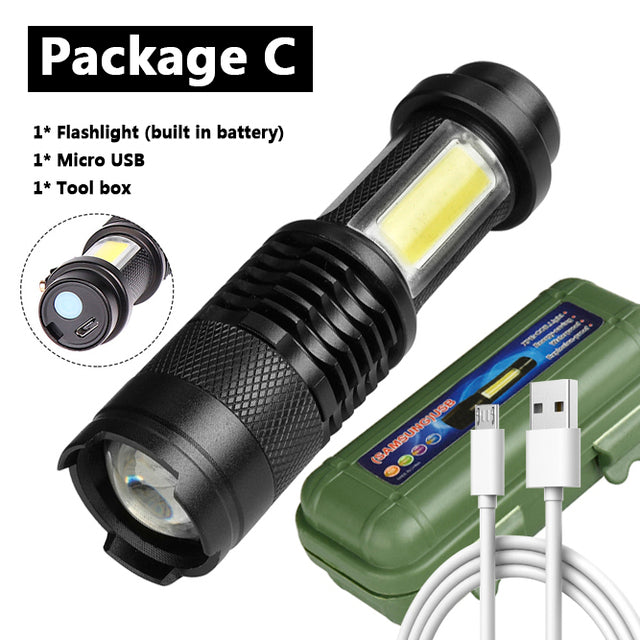 4000LM MINI Flashlight  Built in Battery USB Charging LED Flashlight COB Zoomable Waterproof Tactical Torch Lamp Bulbs Lantern