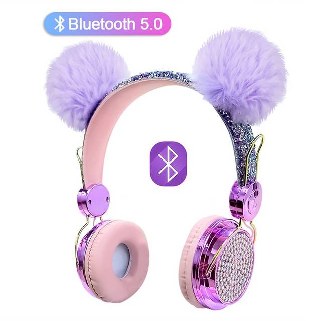 Bling Wireless Headphones Bluetooth Girls Wired Earphones with Microphone Children's Luxury Glitter Cute Hairball Music Headset