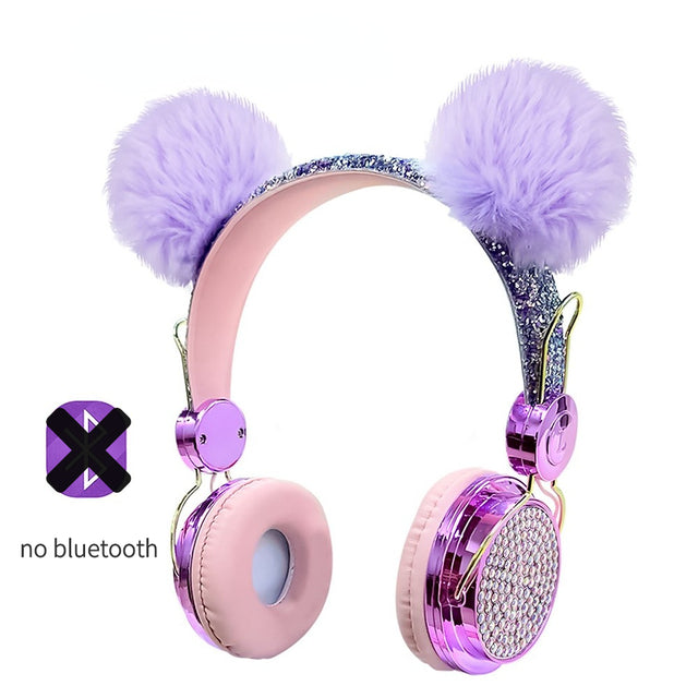 Bling Wireless Headphones Bluetooth Girls Wired Earphones with Microphone Children's Luxury Glitter Cute Hairball Music Headset