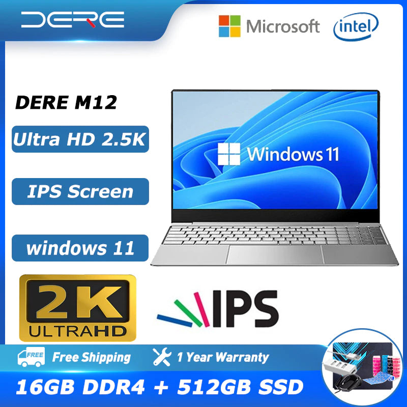 Dere M12 Laptop 15.6" 16GB RAM 512GB SSD IPS 2K Office Computer Intel Celeron N5095 with Fingerprint Unlock Windows 11 Notebook