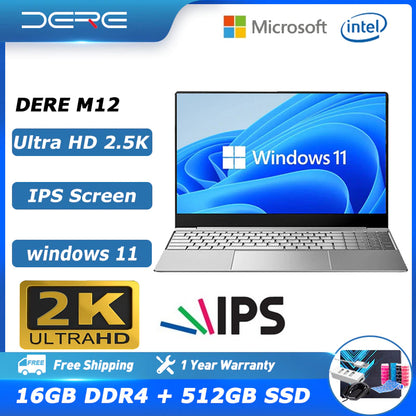 Dere M12 Laptop 15.6" 16GB RAM 512GB SSD IPS 2K Office Computer Intel Celeron N5095 with Fingerprint Unlock Windows 11 Notebook
