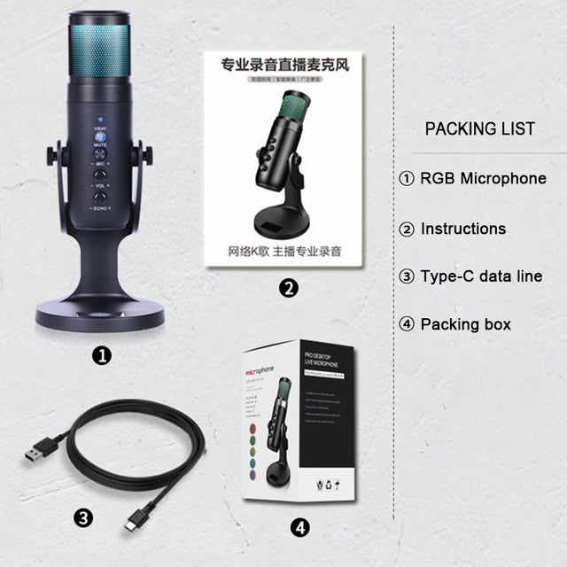RGB Condenser Microphone for iPhone Android laptop Computers Professional USB Mic with Earphone jack for Gaming Streaming Video