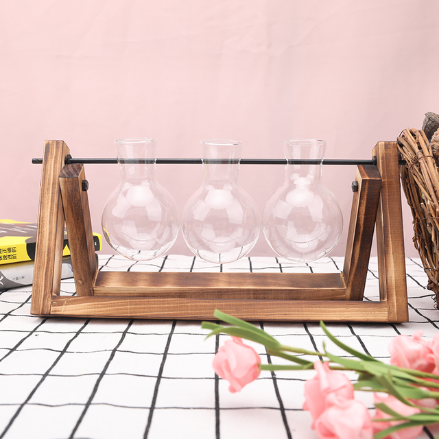 Terrarium Creative Hydroponic Plant Transparent Vase Wooden Frame Vase Decoration Glass Tabletop Plant Bonsai Decor Flower Vase
