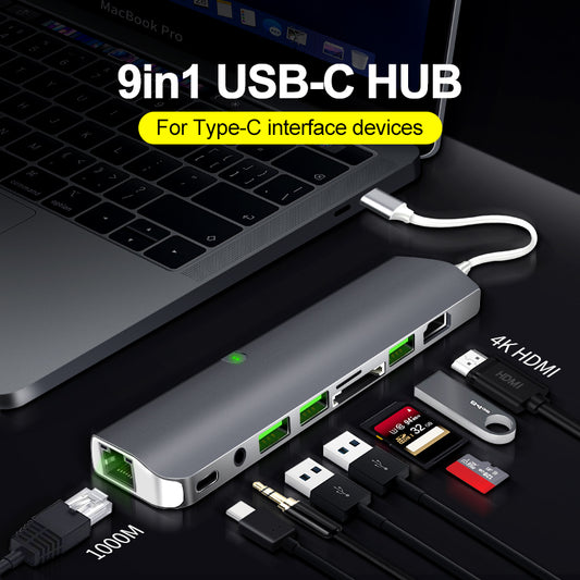 USB C Hub, 9 in 1 Multiport Hub, Type C Hub with HDMI RJ45 USB3.0 PD SD TF 3.5AUX for Laptop, more Devices with Type C Interface